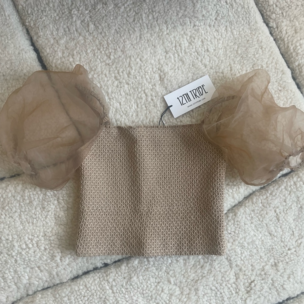 12th the Tribe | NWT Tan Cropped Top with Puffer Sleeves